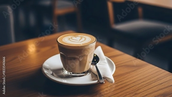 Obraz Glass of latte art coffee with heart design on wooden table