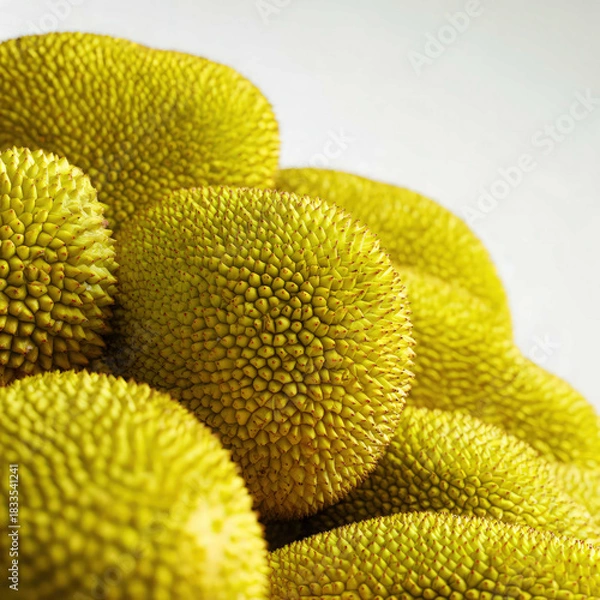 Obraz A stack of whole jackfruits with textured green skin and spiky patterns, arranged in a market setting. Ideal for tropical produce themes, organic food visuals, and exotic fruit displays.