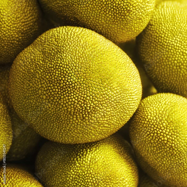 Obraz Close-up stack of jackfruits with rugged patterns and natural imperfections. Ideal for organic produce ads, exotic food blogs, and harvest-themed photography.