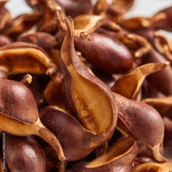 Obraz Neatly stacked tamarind pods with rustic textures and earthy shades, creating a natural food display. Ideal for tropical fruit markets and healthy ingredient visuals.