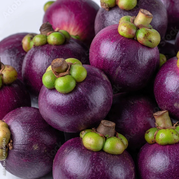 Obraz Fresh mangosteens piled naturally, showcasing round shapes, green tops, and deep purple tones. Great for healthy lifestyle themes, fruit packaging, and culinary visuals.