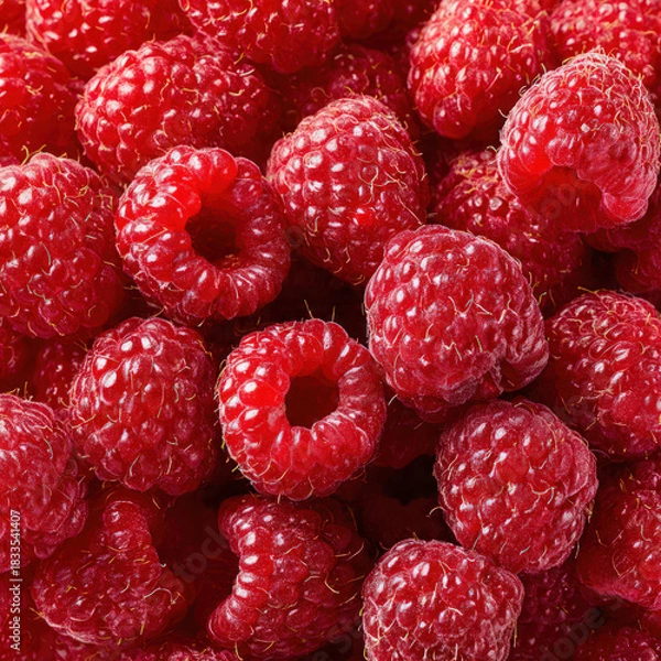 Obraz Close-up pile of raspberries arranged in a natural cluster, highlighting juicy texture, rich tones, and fine surface details. Ideal for nutrition content, fruit ads, and culinary designs.