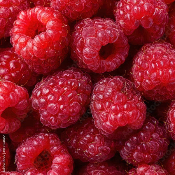 Obraz A fresh stack of ripe raspberries piled together, showcasing vibrant red color, soft texture, and delicate drupelets. Perfect for healthy food themes, organic produce visuals, and clean backgrounds.