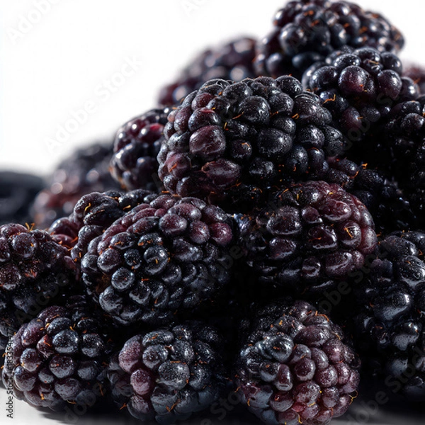Obraz A fresh stack of ripe blackberries piled together on a clean surface, showcasing rich dark tones, juicy texture, and natural detail. Perfect for food, nutrition, and organic fruit concepts.