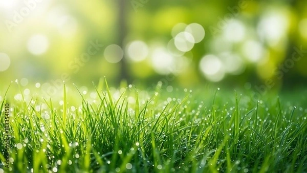 Obraz Close up of fresh green grass with morning dew and sunlight