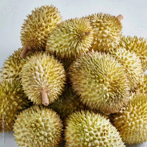 Obraz A stack of fresh durians arranged together, showcasing their sharp spikes, natural green tones, and rugged texture. Perfect for tropical fruit themes, market scenes, and Southeast Asian food imagery.