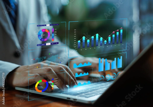 Fototapeta Digital business analytics dashboard with charts, graphs, and data visualization displayed over a laptop, representing financial analysis, performance insights, metrics tracking.