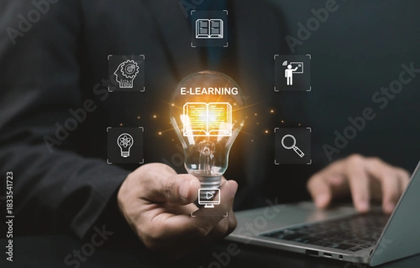 Fototapeta Creative e-learning concept with glowing light bulb, digital education icons, and online learning technology, representing innovation, knowledge development, and virtual study