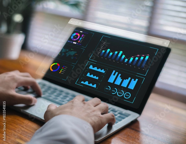 Fototapeta Digital business analytics dashboard with data charts, performance graphs, and visualization tools displayed on a laptop, representing financial analysis, KPI tracking, insights.