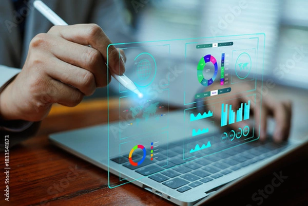 Fototapeta Digital data analytics dashboard with charts and graphs being controlled by a stylus pen, representing smart data visualization, business analysis, financial insights.