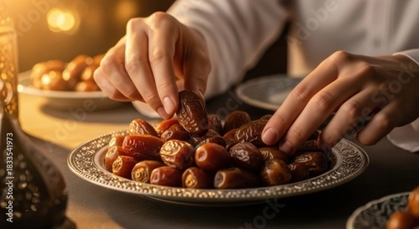 Fototapeta Close-up of Hands Holding Dates on Plate, Traditional Iftar Food
