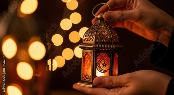 Fototapeta Holding Lantern with Warm Light and Blurred Lights Background