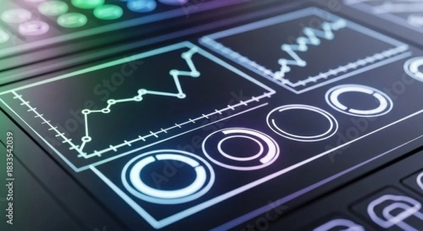Fototapeta Office Desk with Financial Data Visualizations on Computer Screens