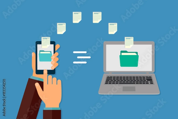 Fototapeta File sharing. The transfer of data. The hand with the phone. Send documents from your smartphone to the laptop. Illustration.