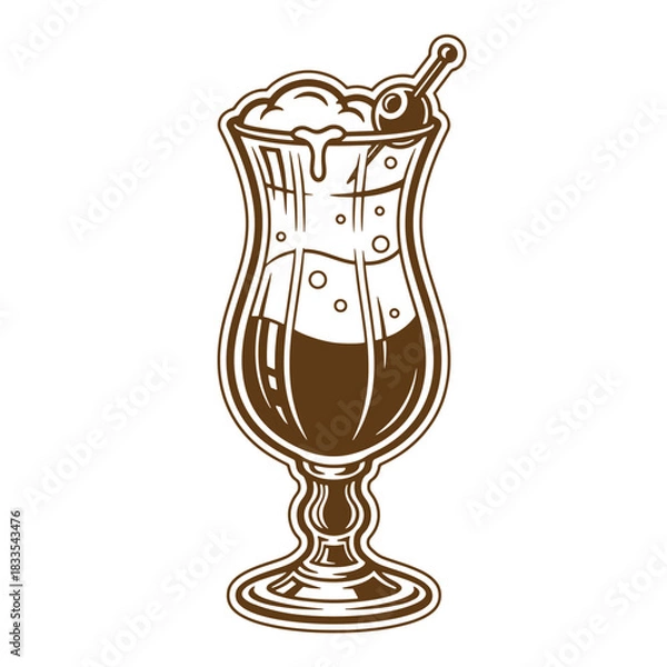 Fototapeta Vintage hand drawn illustration of a coffee cocktail with cherry garnish and foam in glass