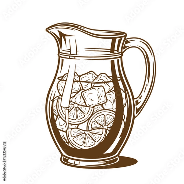 Fototapeta Vintage sketch illustration of a glass pitcher filled with lemon slices and ice cubes