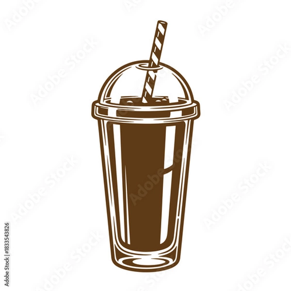 Fototapeta Vintage sketch illustration of a iced coffee drink with straw in a clear cup