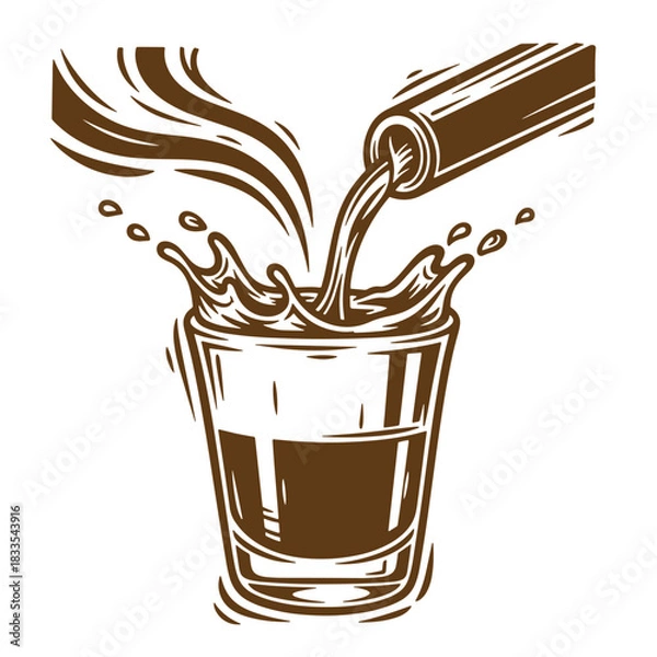 Fototapeta Vintage sketch illustration of beverage pouring into a glass creating a splash effect