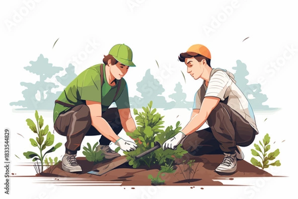 Obraz Youth Volunteering for Tree Planting Drivevector sv isolated
