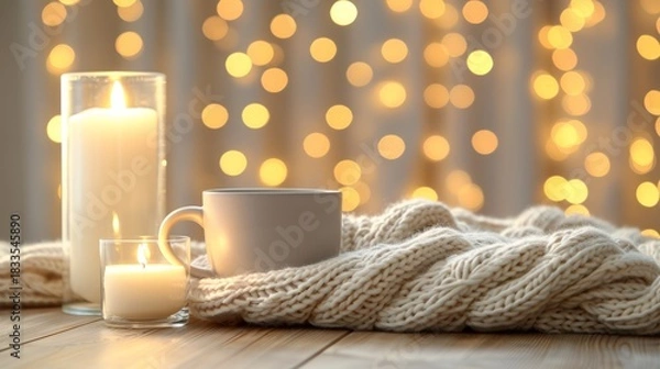 Obraz Cozy winter scene  soft beige blanket, warm drink, and ambient lights for ultimate relaxation vibe