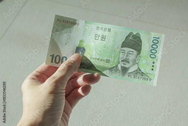 Obraz A woman's hand holding ten thousand won