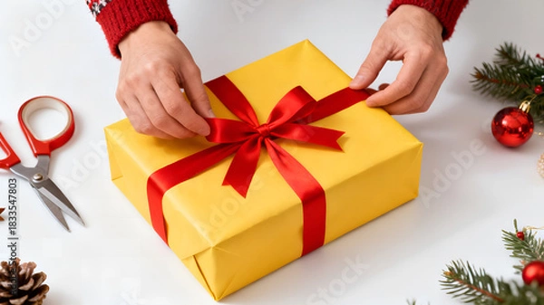 Fototapeta Hands tying a red ribbon bow on a yellow gift box, surrounded by Christmas decorations and scissors on a white surface. Festive holiday wrapping concept.