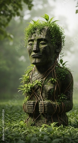 Fototapeta Ancient Stone Statue of a Man Surrounded by Nature