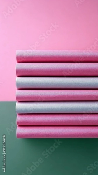 Fototapeta Close-up of a stack of pink and gray paper rolls against a colorful background. The image is well-lit and features a minimalist aesthetic.