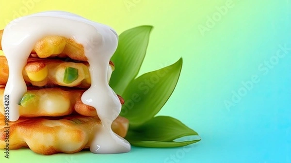 Fototapeta A stack of waffles topped with white cream and a green leaf against a vibrant gradient background.