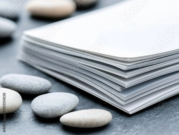 Fototapeta Close-up of a stack of blank white paper with smooth pebbles scattered around on a dark gray surface. The image has a minimalist and zen-like aesthetic.