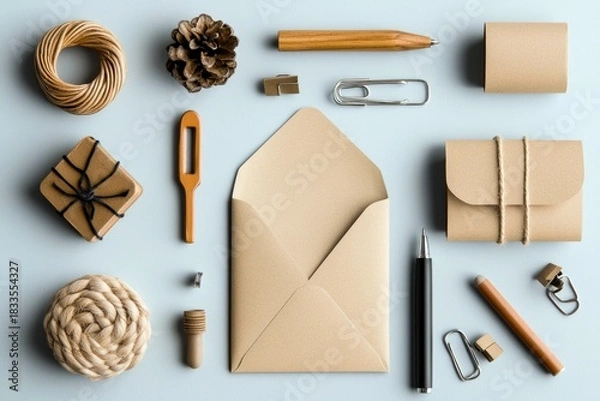 Fototapeta Overhead shot of various stationery and craft supplies including a pen, envelope, and gift box arranged on a blue surface.