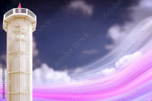 Fototapeta A tall tower structure with a pink flag against a blurred abstract sky background with clouds and pink waves.