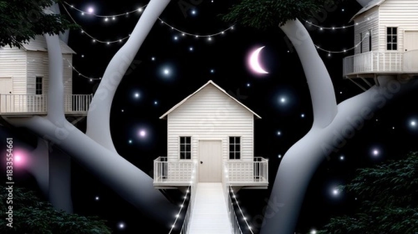 Fototapeta A whimsical illustration of white tree houses connected by bridges, illuminated with fairy lights against a night sky.