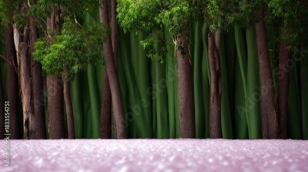 Fototapeta A forest scene with trees, a pink ground, and a green background. The lighting is natural.