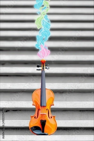 Fototapeta A violin with colorful abstract smoke rising above it, set against a backdrop of concrete steps. The image evokes a sense of creativity and artistic expression.