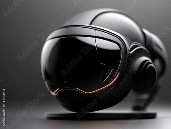 Fototapeta A futuristic VR headset in black, resting on a stand against a dark gray background. The design is sleek and modern.