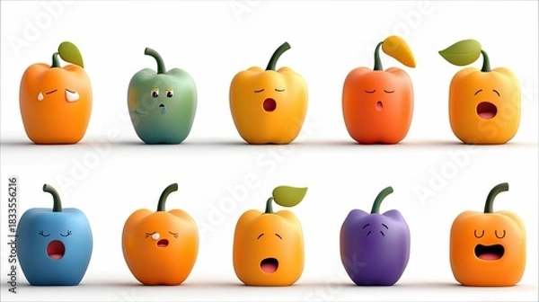 Fototapeta A collection of cartoon fruit characters, each with a different color and facial expression, conveying various emotions against a clean white backdrop.