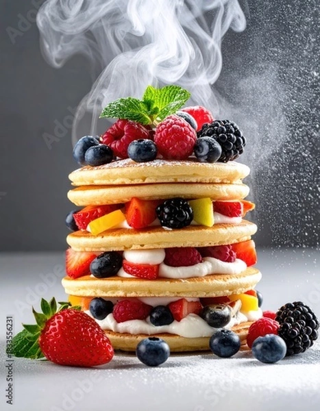 Fototapeta Tall steaming fruit pancake stack