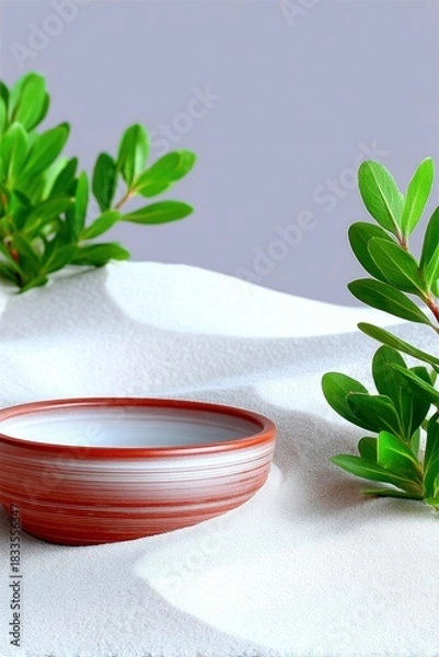 Fototapeta A ceramic bowl rests on a bed of white sand, framed by fresh green leaves, creating a minimalist and serene composition.