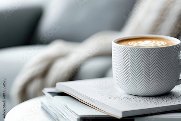 Fototapeta A white coffee cup with latte art sits on a stack of books, with a blurred sofa and blanket in the background. The scene evokes a sense of comfort and relaxatio