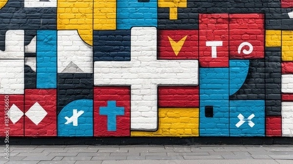 Fototapeta A vibrant brick wall mural featuring a geometric design with various shapes and symbols in multiple colors. The artwork is on a brick wall with a sidewalk in fr