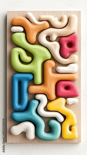 Fototapeta An abstract composition featuring colorful, rounded shapes arranged on a wooden board. The design is modern and visually appealing, with a focus on color and fo