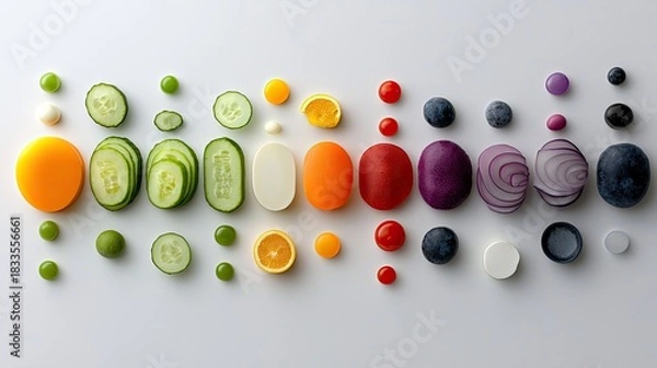 Fototapeta An overhead shot of various fruits and vegetables arranged in a colorful row on a white background, creating a visually appealing composition.