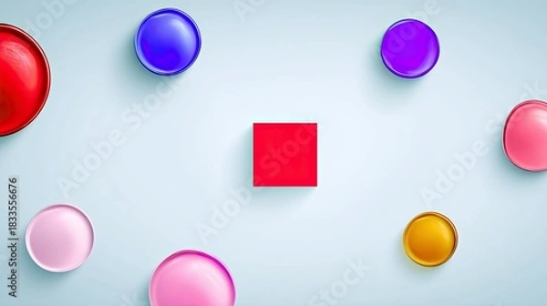 Fototapeta Arrangement of colorful geometric shapes including circles and a square on a light blue background, creating a minimalist and modern design.