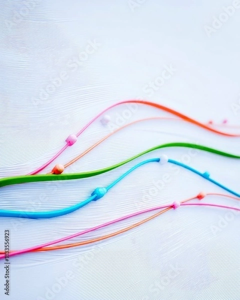 Fototapeta Abstract image featuring colorful lines with beads, flowing across a textured white background, creating a sense of movement and vibrancy.