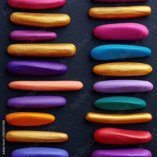 Fototapeta Close-up of a pattern of colorful oval shapes arranged on a dark textured background. The shapes are painted in various vibrant colors.