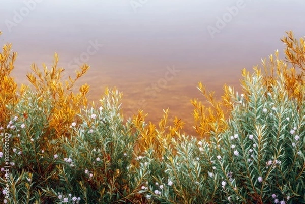 Fototapeta Close-up of colorful plants with small white flowers growing near water, creating a natural landscape scene with soft lighting.