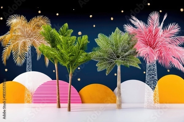 Fototapeta An artistic composition featuring colorful palm trees against a dark blue background with abstract shapes and golden orbs.