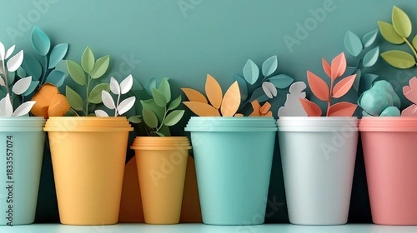 Fototapeta A row of colorful pots with paper leaves against a teal background, creating a minimalist and artistic composition.