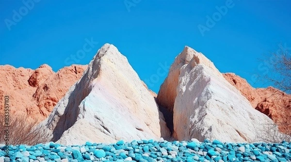 Fototapeta A scenic landscape featuring colorful rock formations under a clear blue sky. The image captures the natural beauty of the environment.